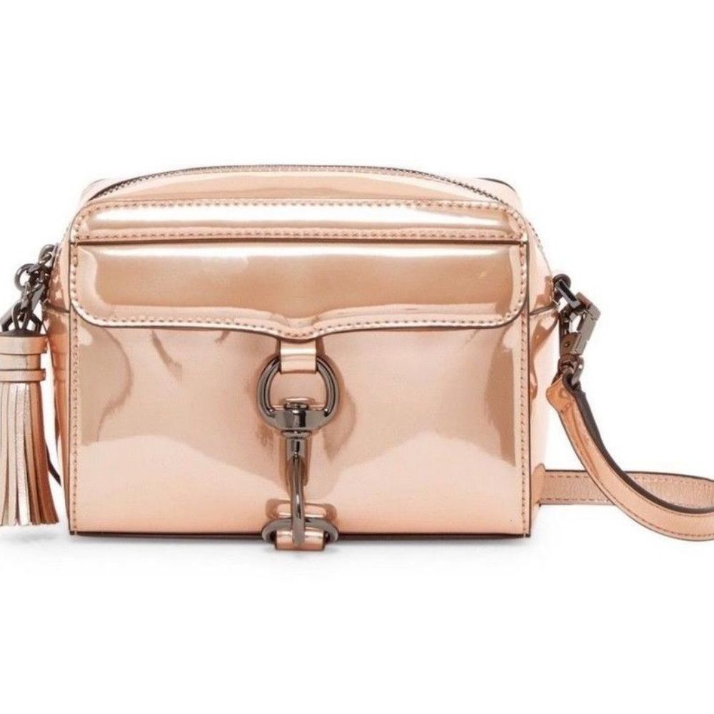 Rebecca Minkoff Metallic Mab Camera Bag Crossbody Purse Rose Gold Leather Luxury